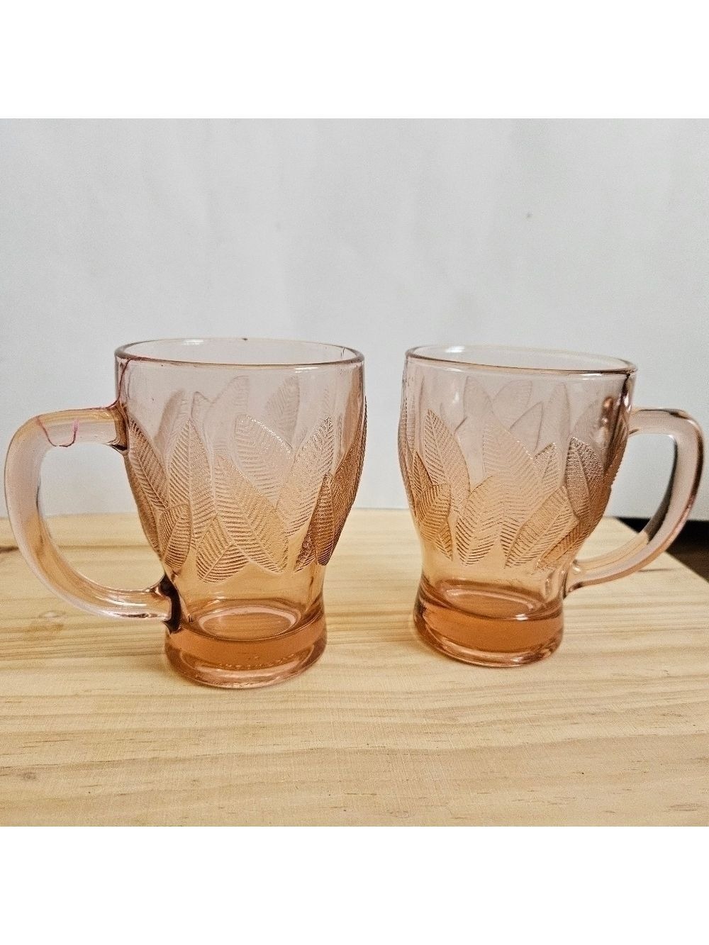 Vintage 2 KIG Peach Embossed Leaves Coffee Cups